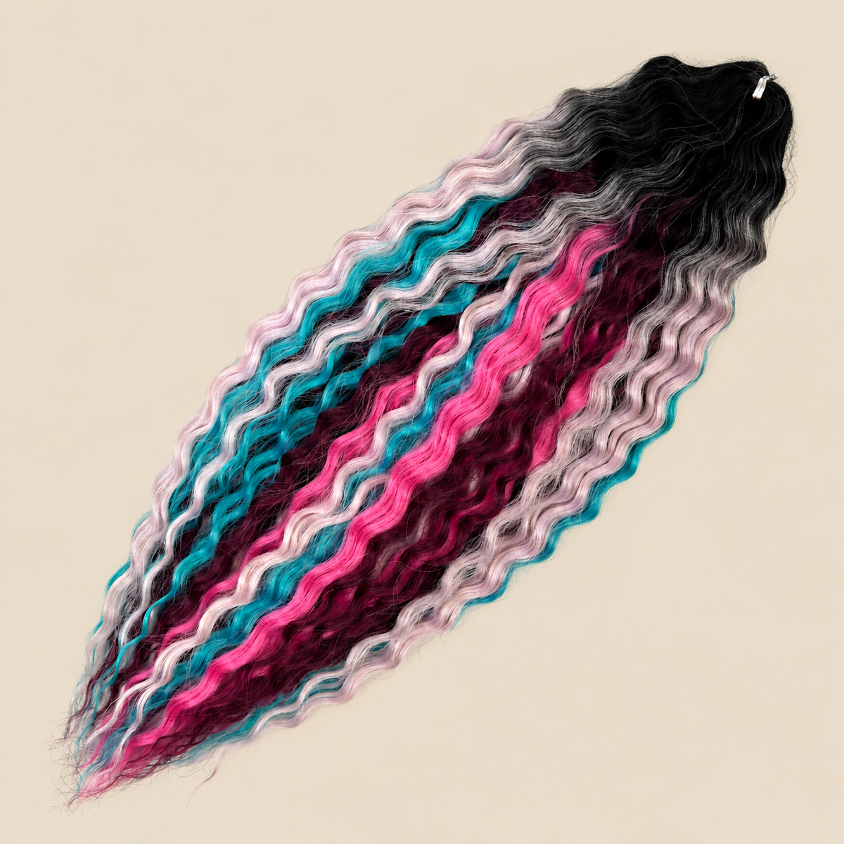 Ariel golvend kanekalon invlechthaar 55 cm 100 g in regenboog ombre (kleur TTP-COLORFULF) op beige achtergrond