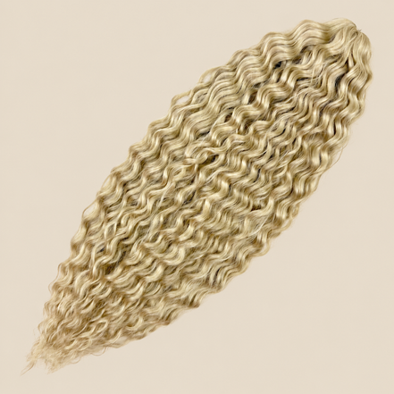 Ariel golvend kanekalon invlechthaar 55 cm 300 g in blond (kleur Linen(61)) op beige achtergrond