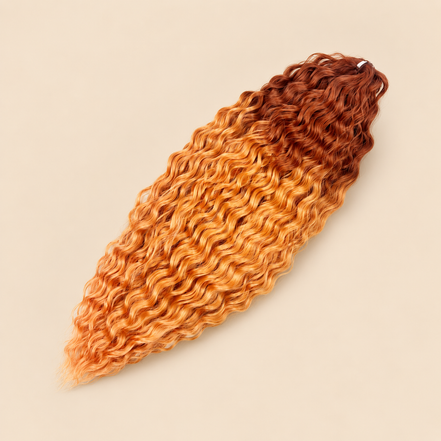 Ariel golvend kanekalon invlechthaar 55 cm 300 g in oranje ombre (kleur TT-GOrange4) op beige achtergrond