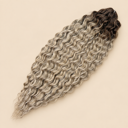 Ariel golvend kanekalon invlechthaar 55 cm 300 g in grijs ombre (kleur TT-IGRAY5) op beige achtergrond