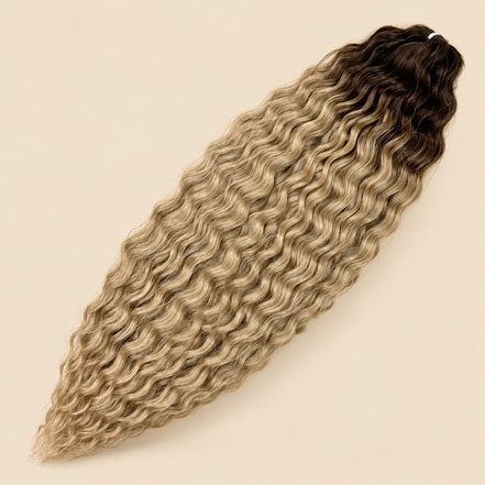 Ariel golvend kanekalon invlechthaar 55 cm 300 g in blond ombre (kleur TT-Linen(322)) op beige achtergrond