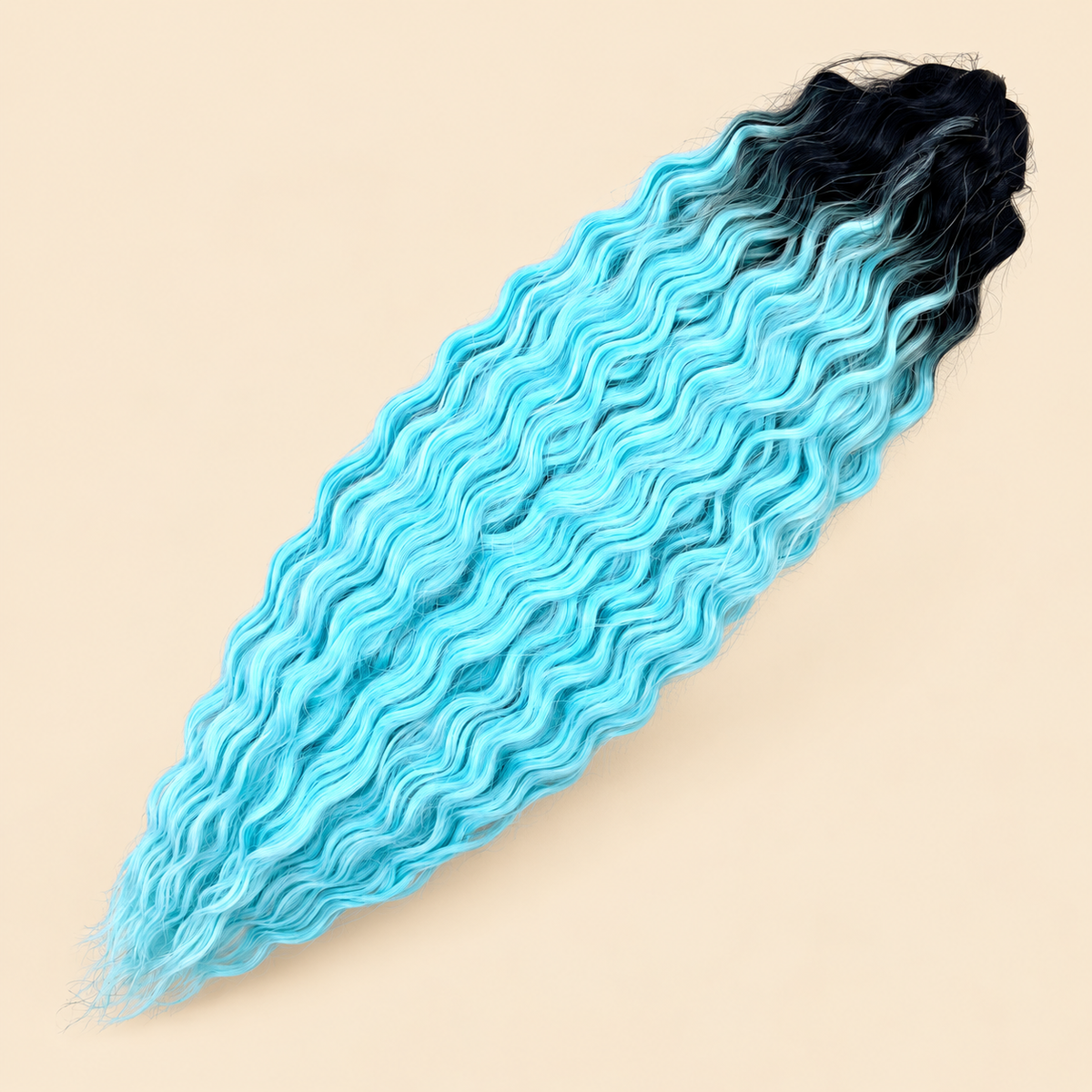 Ariel golvend kanekalon invlechthaar 55 cm 300 g in zwart/blauw ombre (kleur TT1B/LBLUEA) op beige achtergrond