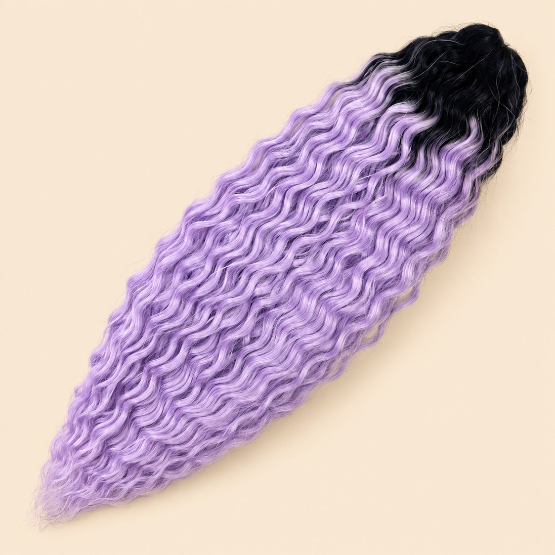 Ariel golvend kanekalon invlechthaar 55 cm 300 g in zwart/paars ombre (kleur TT1B/LPURPLE1) op beige achtergrond