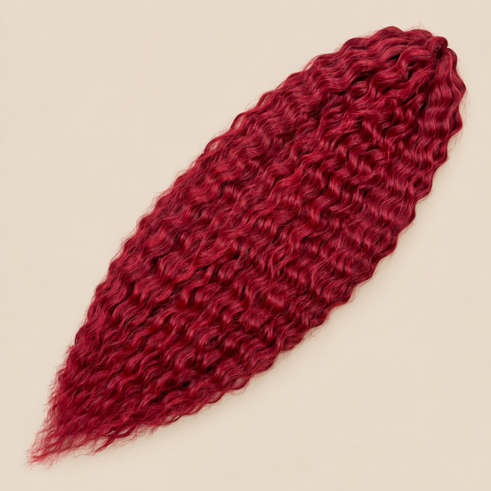Ariel golvend kanekalon invlechthaar rood (kleur BRed3), 75 cm, 300 g op beige achtergrond