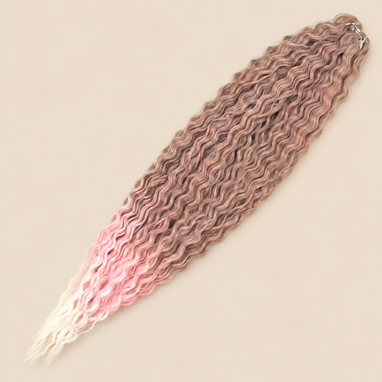 Ariel golvend kanekalon invlechthaar roze ombre (kleur T-BPink(4)), 55 cm, 100 g op beige achtergrond