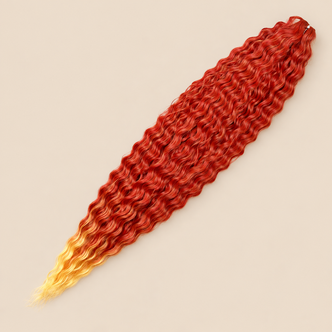 Ariel golvend kanekalon invlechthaar kleur T-Red/Yellow, 75 cm, 300 g op beige achtergrond