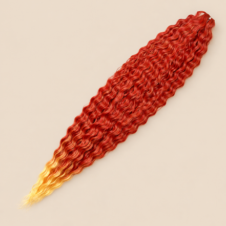 Ariel golvend kanekalon invlechthaar kleur T-Red/Yellow, 75 cm, 300 g op beige achtergrond