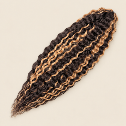 Ariel golvend kanekalon kleur P4/27 op beige achtergrond