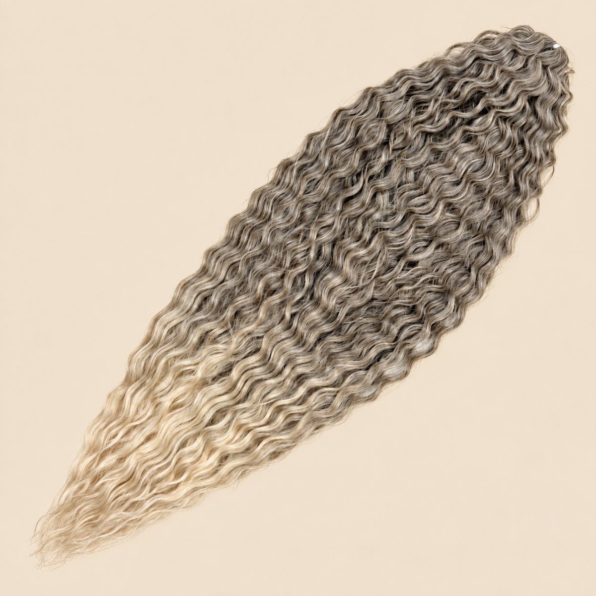 Ariel golvend kanekalon invlechthaar kleur T8/LINEN59, 55 cm, 100 gram, op beige achtergrond