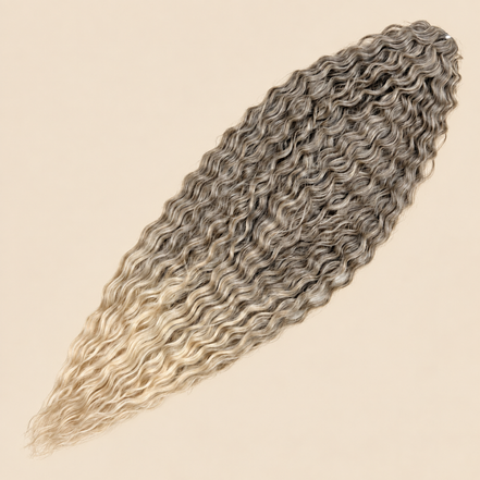 Ariel golvend kanekalon invlechthaar kleur T8/LINEN59, 55 cm, 100 gram, op beige achtergrond