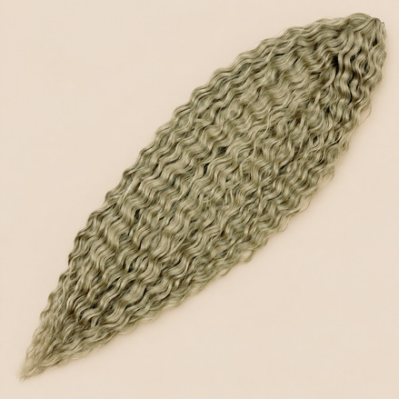 Ariel golvend kanekalon invlechthaar blauw (kleur Fcyan(6)), 75 cm, 100 g op beige achtergrond