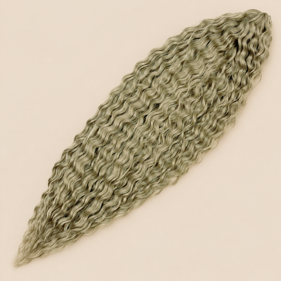 Ariel golvend kanekalon invlechthaar blauw (kleur Fcyan(6)), 75 cm, 100 g op beige achtergrond