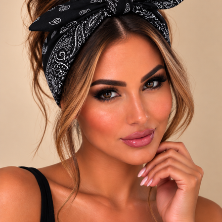 Zwarte bandana haarband met paisley print gedragen door model