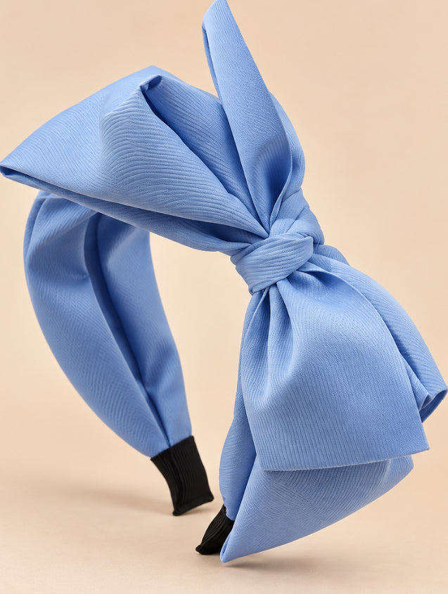 Blauwe brede haarband met grote strik - elegante blauwe diadeem
