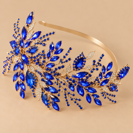 Blauwe kristallen bruidsdiadeem met gouden bladeren op beige achtergrond
