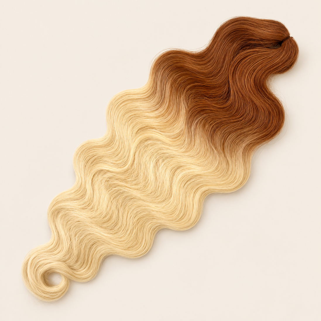 Body Wave golvend invlechthaar 60 cm, kleur TT30D/613+144 op beige achtergrond