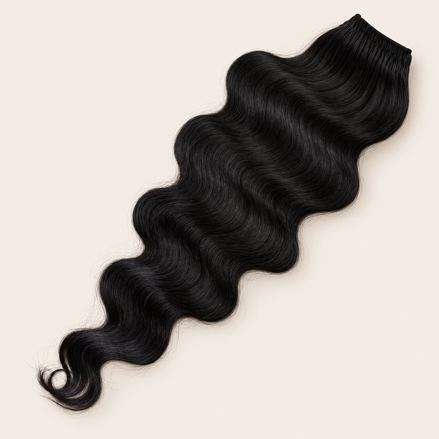 Body Wave golvend invlechthaar 60 cm met lus, kleur 1B op beige achtergrond