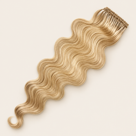 Body Wave golvend invlechthaar 60 cm met lus, kleur 613F op beige achtergrond