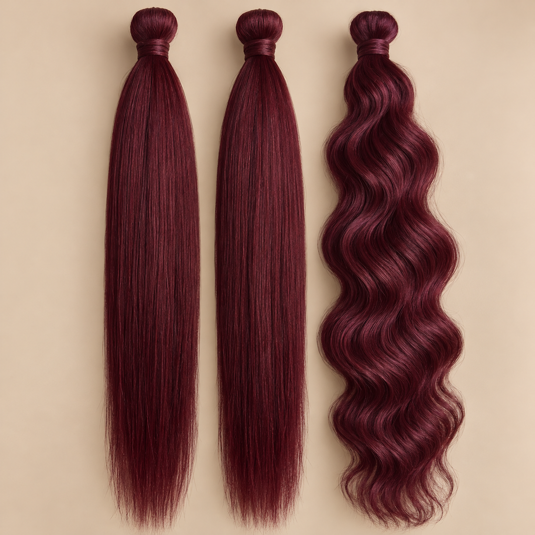 Boho Braids bundel Bordeaux met twee pakken Easy Braid en een pak golvend invlechthaar op beige achtergrond