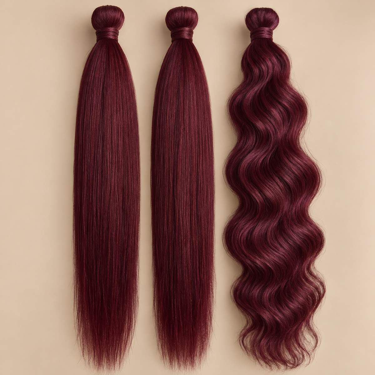Boho Braids bundel Bordeaux met twee pakken Easy Braid en een pak golvend invlechthaar op beige achtergrond