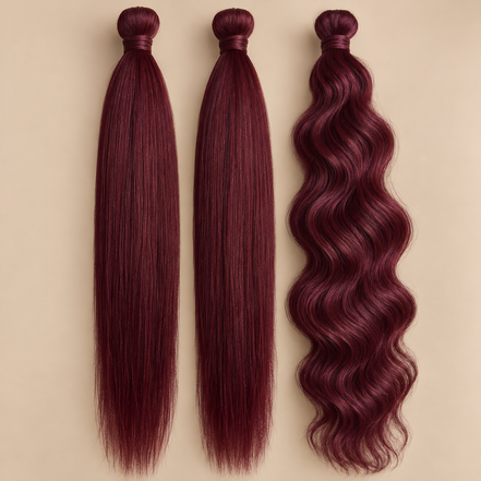 Boho Braids bundel Bordeaux met twee pakken Easy Braid en een pak golvend invlechthaar op beige achtergrond