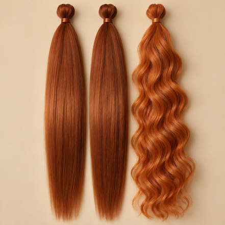 Boho Braids bundel Koper met twee pakken Easy Braid en een pak golvend invlechthaar op beige achtergrond