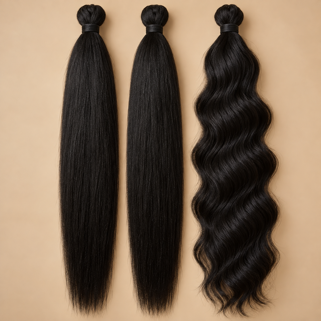 Boho Braids bundel Zwart met twee pakken Easy Braid en een pak golvend invlechthaar op beige achtergrond