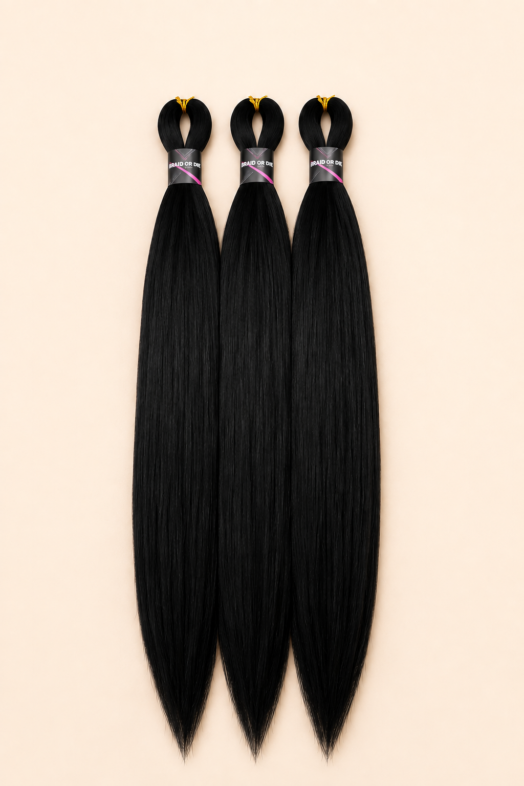 BraidOrDie Easy Braid zwart 3-pack 65 cm op lichtbeige achtergrond