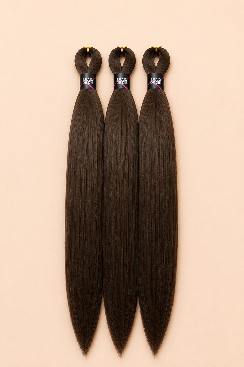 BraidOrDie Easy Braid 3-in-1 kleur 2 bruin 65 cm set van 3 op beige achtergrond