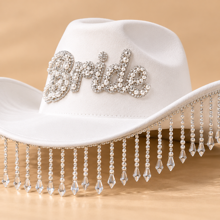 Bride Cowboyhoed Wit – Strass & Kristalfranjes – De HaarBoetiek