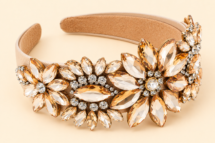 Luxe champagne haarband met bloemen en strass stenen