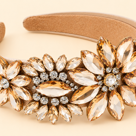 Luxe champagne haarband met bloemen en strass stenen