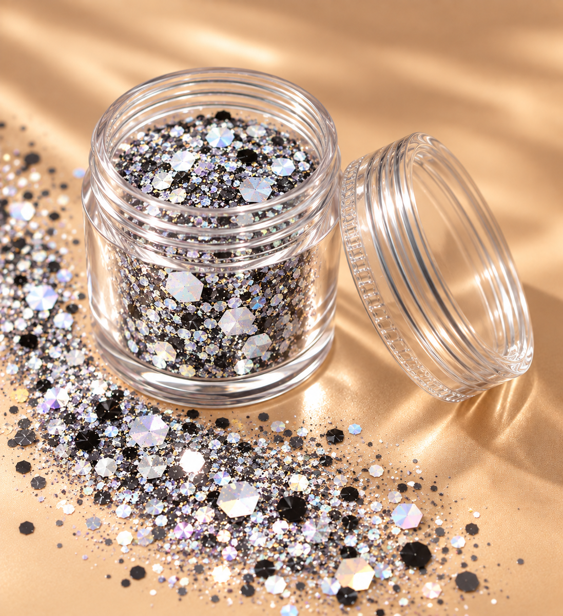 Chunky glitter mix zwart zilver holografisch in potje - De HaarBoetiek