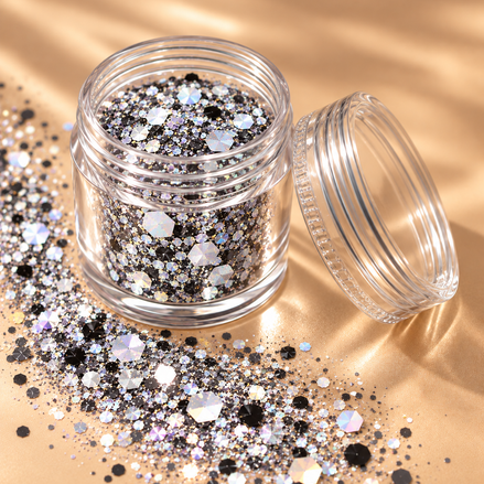 Chunky glitter mix zwart zilver holografisch in potje - De HaarBoetiek