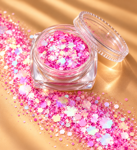 Roze chunky glitter mix in potje - De HaarBoetiek