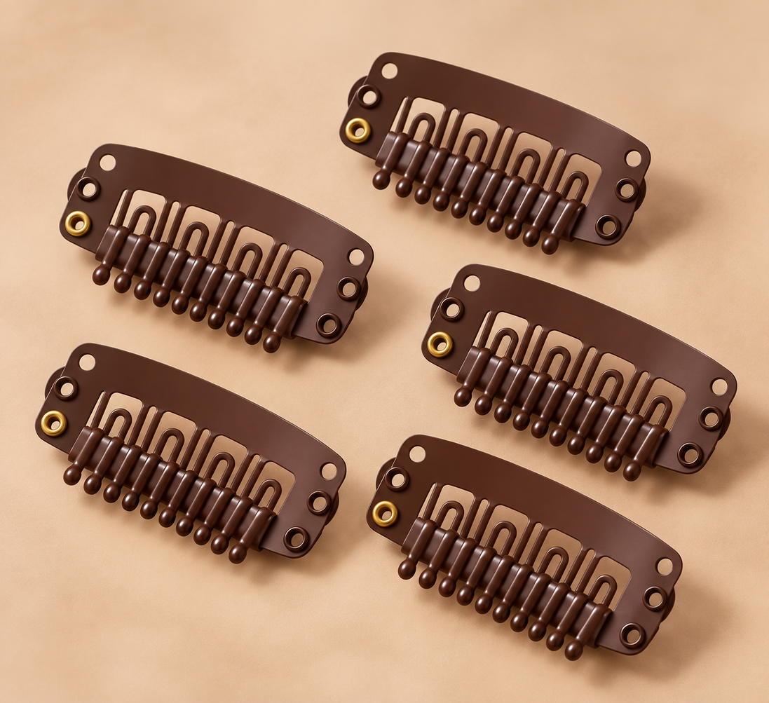 Bruine clip-in kammetjes 3 cm set van 5 voor haarextensions - De HaarBoetiek