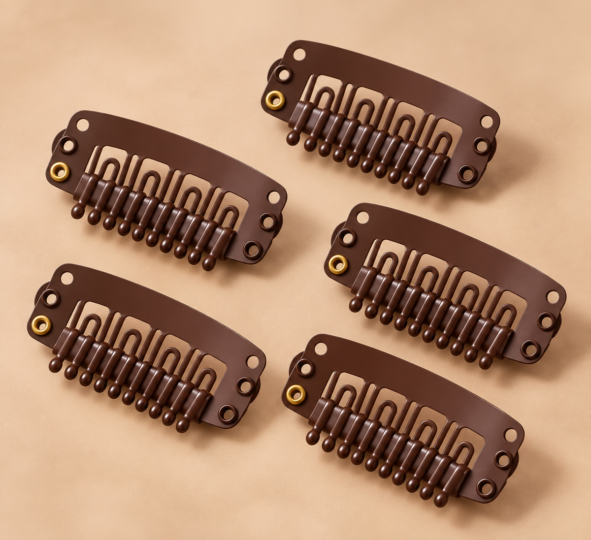 Bruine clip-in kammetjes 3 cm set van 5 voor haarextensions - De HaarBoetiek