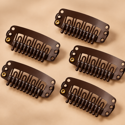 Donkerbruine clip-in kammetjes 3 cm set van 5 voor haarextensions - De HaarBoetiek
