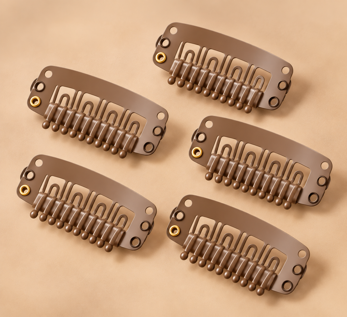 Lichtbruine clip-in kammetjes 3 cm set van 5 voor haarextensions - De HaarBoetiek