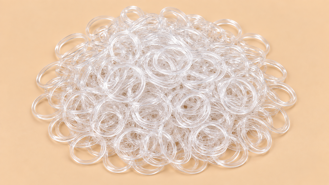 Transparante mini rubber bands 100 kleine haarelastiekjes op beige achtergrond | De HaarBoetiek