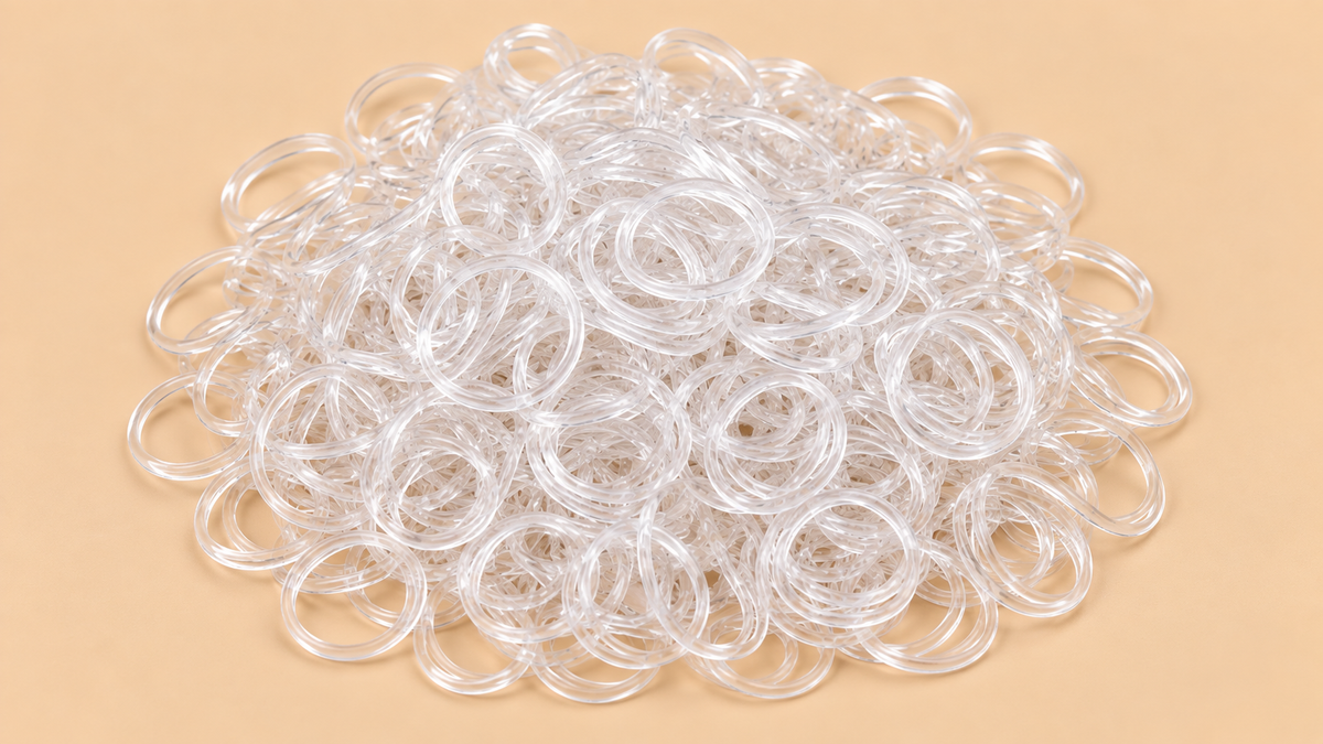 Transparante mini rubber bands 100 kleine haarelastiekjes op beige achtergrond | De HaarBoetiek