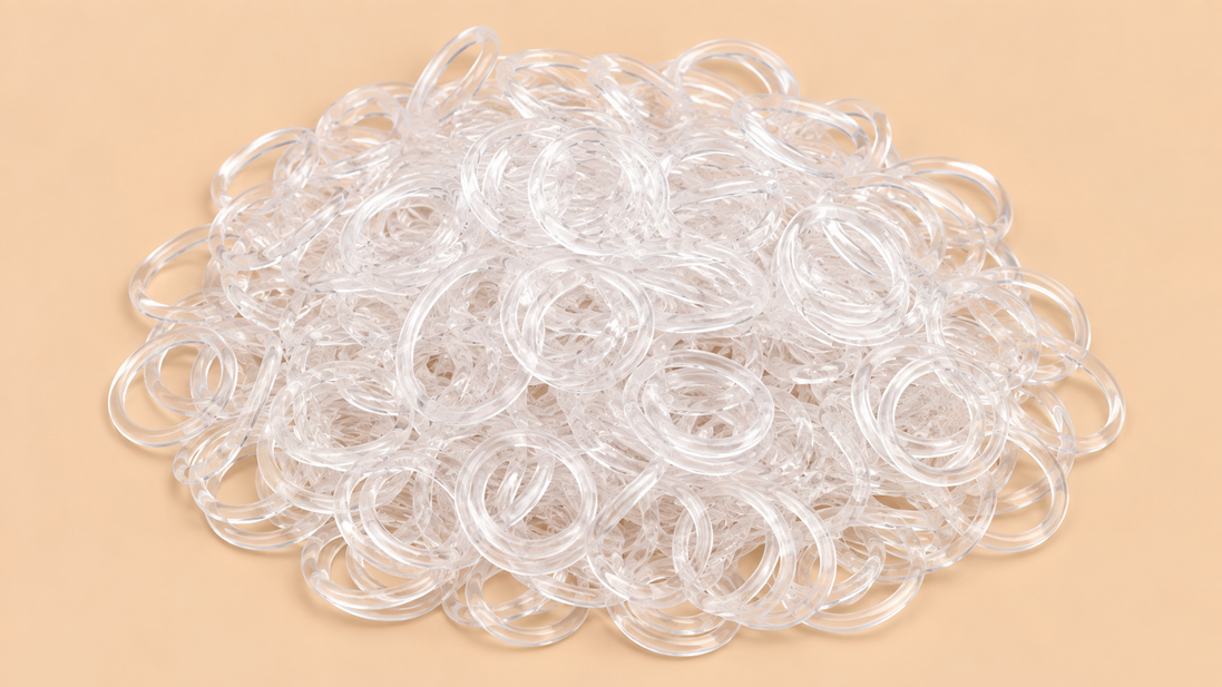 Transparante mini rubber bands 250 kleine haarelastiekjes op beige achtergrond | De HaarBoetiek