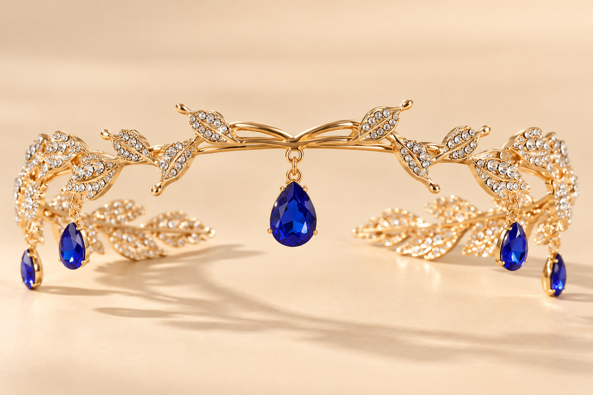 Luxe Bladranken Diadeem – Goud met Blauwe Druppelhangers – De HaarBoetiek