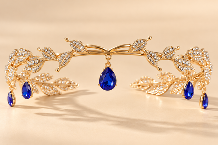 Luxe Bladranken Diadeem – Goud met Blauwe Druppelhangers – De HaarBoetiek
