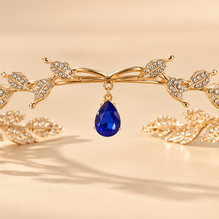 Luxe Bladranken Diadeem – Goud met Blauwe Druppelhangers – De HaarBoetiek