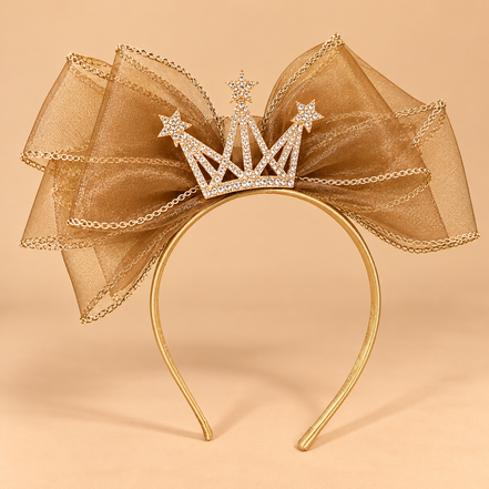Diadeem met Tule Strik en Kroontje – Goud – De HaarBoetiek