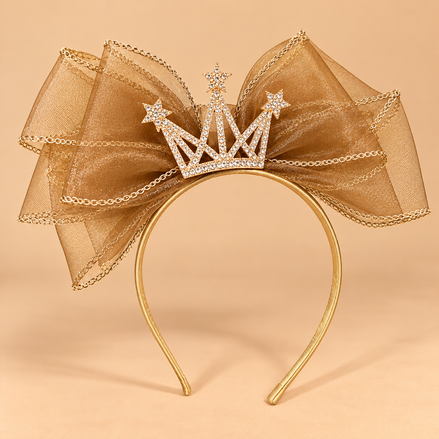 Diadeem met Tule Strik en Kroontje – Goud – De HaarBoetiek
