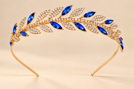 Luxe Blad Diadeem – Koningsblauw & Goud met Strass – De HaarBoetiek