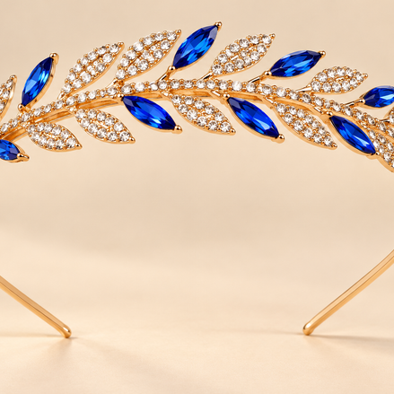 Luxe Blad Diadeem – Koningsblauw & Goud met Strass – De HaarBoetiek