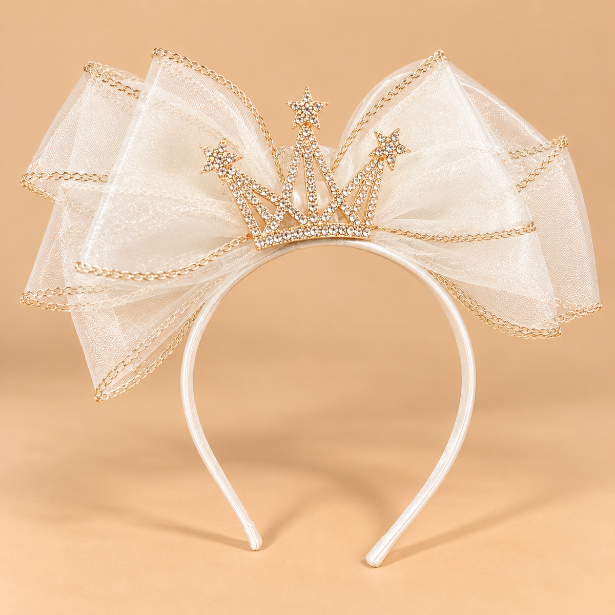 Diadeem met Tule Strik en Kroontje – Wit – De HaarBoetiek